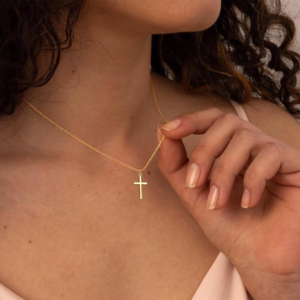 Women 04 Simple Cross Gold 14K Gold Silver Cross Necklace - Non Tarnish Jewelry - Picture 3 of 8